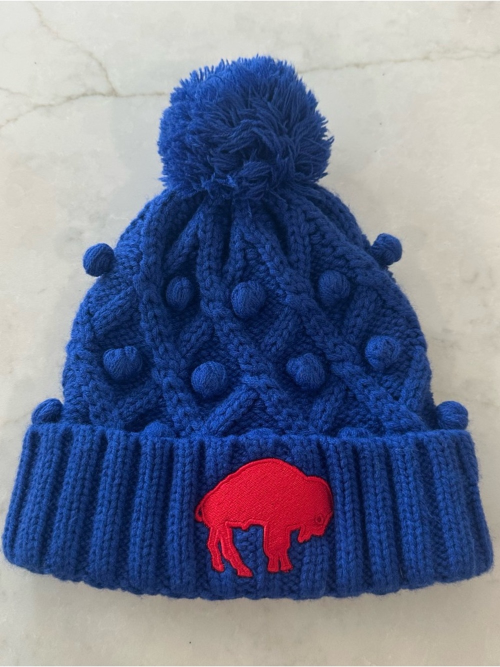 NFL Royal Blue Pom Pom Beanie with Red Buffalo Patch